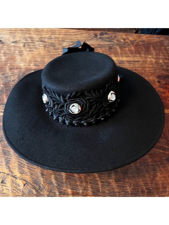 Wool Felt Wide Brim Hat Lace Band & Crystals Floral Accent main image 7